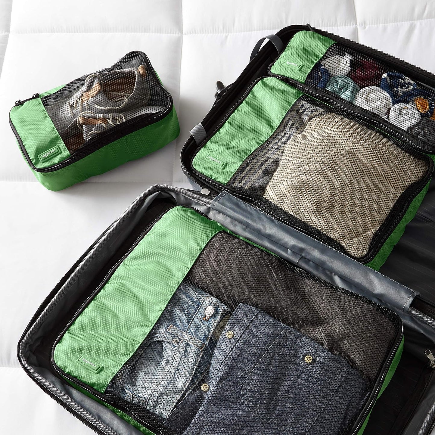 Amazon Basics ZH1509009 Set of 4 Hinged Organizers Cubes, Green, Small, Medium, Large, Slim, green, Set of 4 packing cubes: small, medium, large and thin
