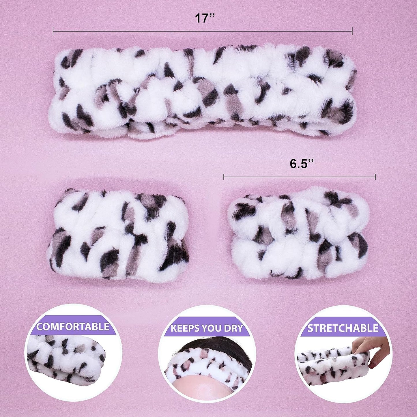 FROG SAC Puffy Spa Headband and Wristbands for Face Washing, Fuzzy Skincare Headbands for Women, Soft Makeup Skin Care Hair Accessories for Girls, Make Up Hair Band (Leopard)