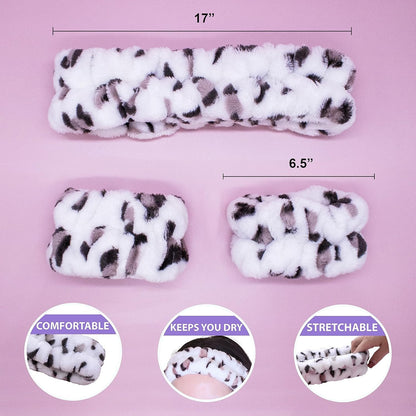 FROG SAC Puffy Spa Headband and Wristbands for Face Washing, Fuzzy Skincare Headbands for Women, Soft Makeup Skin Care Hair Accessories for Girls, Make Up Hair Band (Leopard)