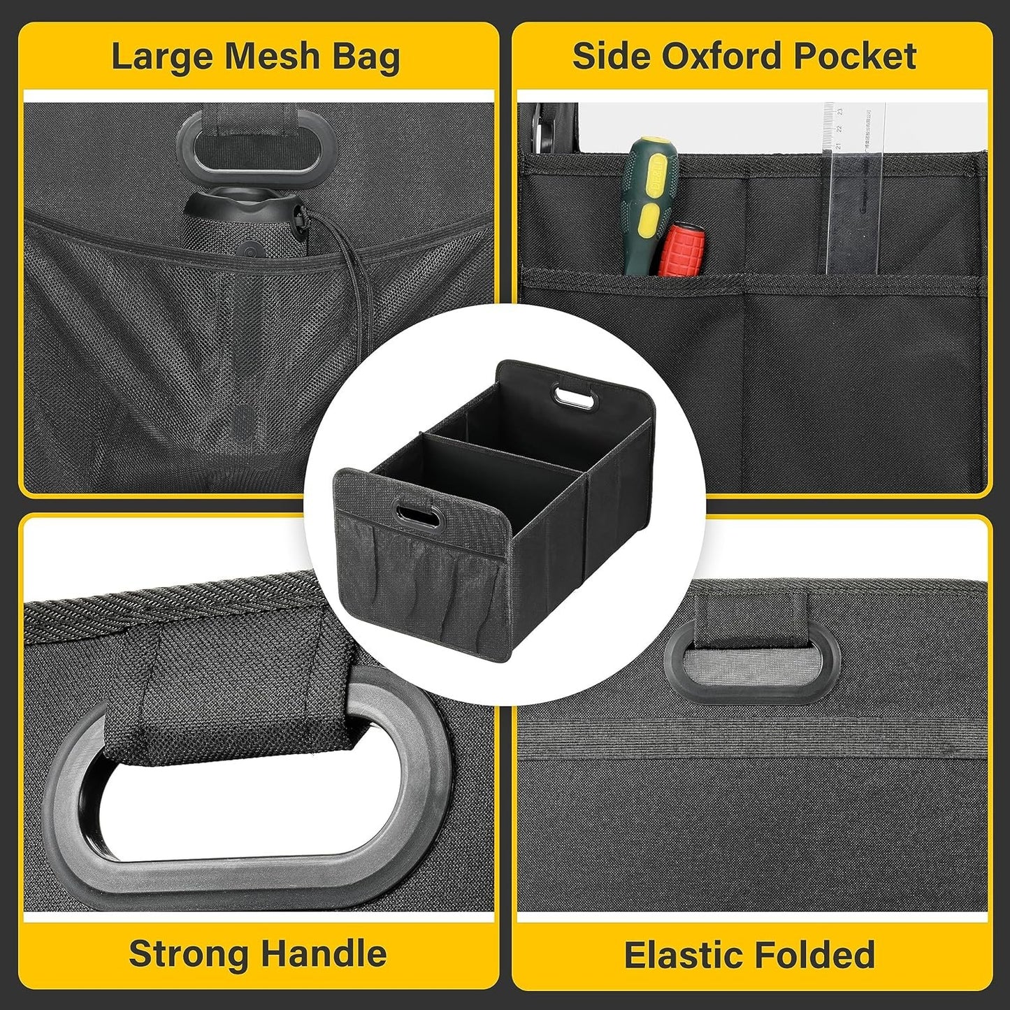 YSSOA Trunk Organizer for Car/SUV/Truck, Collapsible 2 Compartment Automotive Storage Box, 600D Waterproof Oxford Polyester 50L Travel Accessories, Anti-slip & Leak-proof, Black New