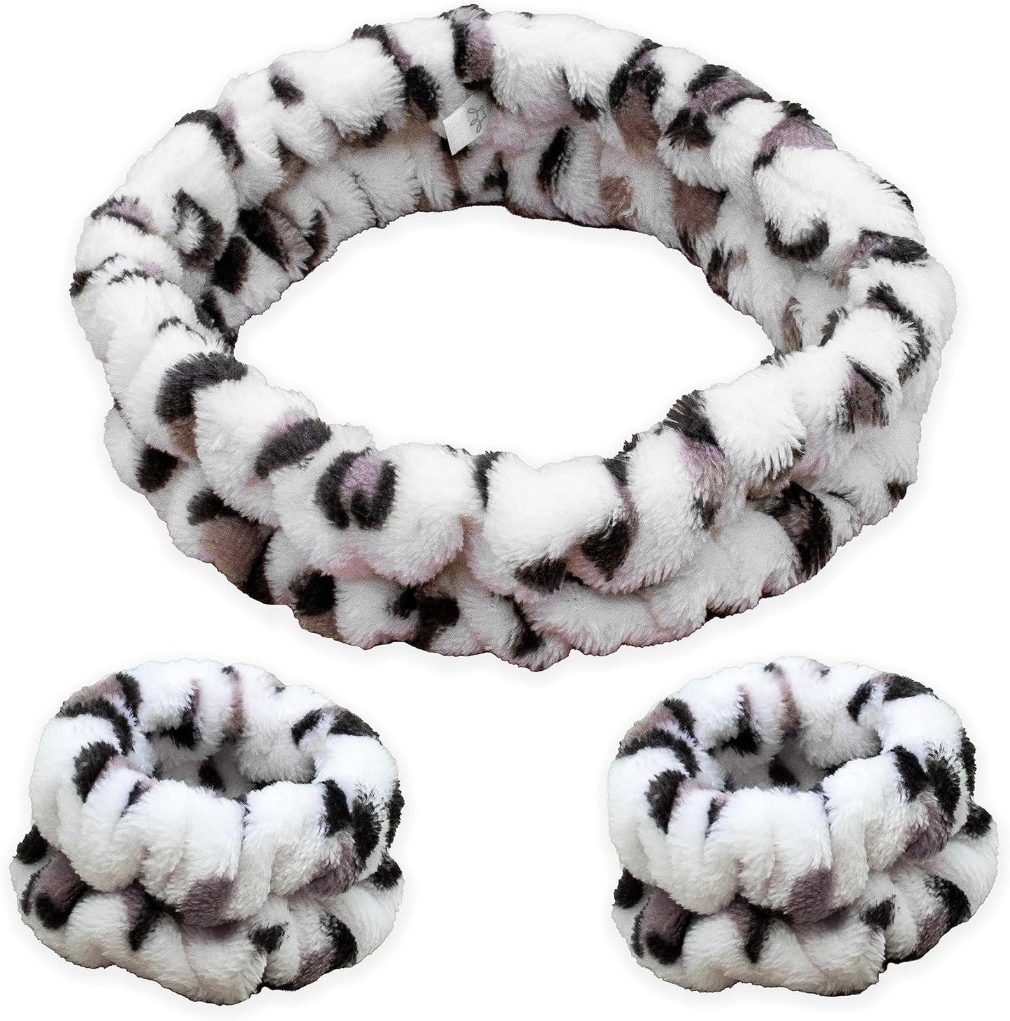 FROG SAC Puffy Spa Headband and Wristbands for Face Washing, Fuzzy Skincare Headbands for Women, Soft Makeup Skin Care Hair Accessories for Girls, Make Up Hair Band (Leopard)