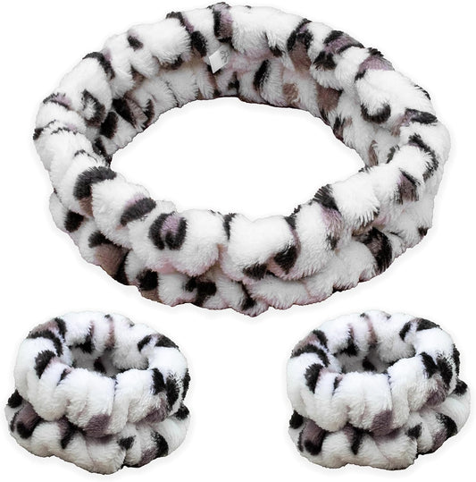 FROG SAC Puffy Spa Headband and Wristbands for Face Washing, Fuzzy Skincare Headbands for Women, Soft Makeup Skin Care Hair Accessories for Girls, Make Up Hair Band (Leopard)