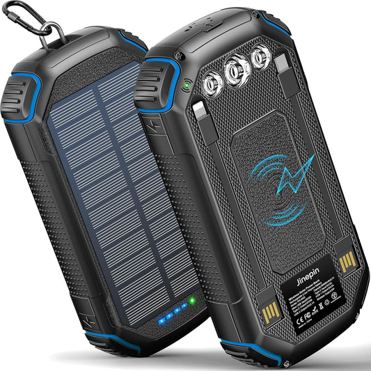 Solar Power Bank 36000mAh,Solar Charger Wireless Built in 3 Cables IPX5 Waterproof Portable Solar External Battery Pack with 3 Input 4 Output 15W USB C Port Camping Flashlight Tablet