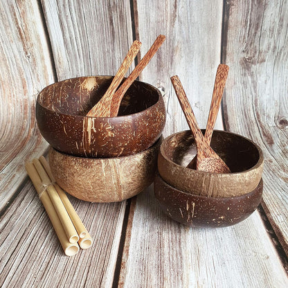 Rainforest Bowls Eco-Kitchen Set 2-Pack - Small & Jumbo Original Coconut Bowls + Coconut Wood Utensils + Bamboo Straws - Earth-Friendly, 100% Natural - Zero-Waste Gift for Green Kitchens