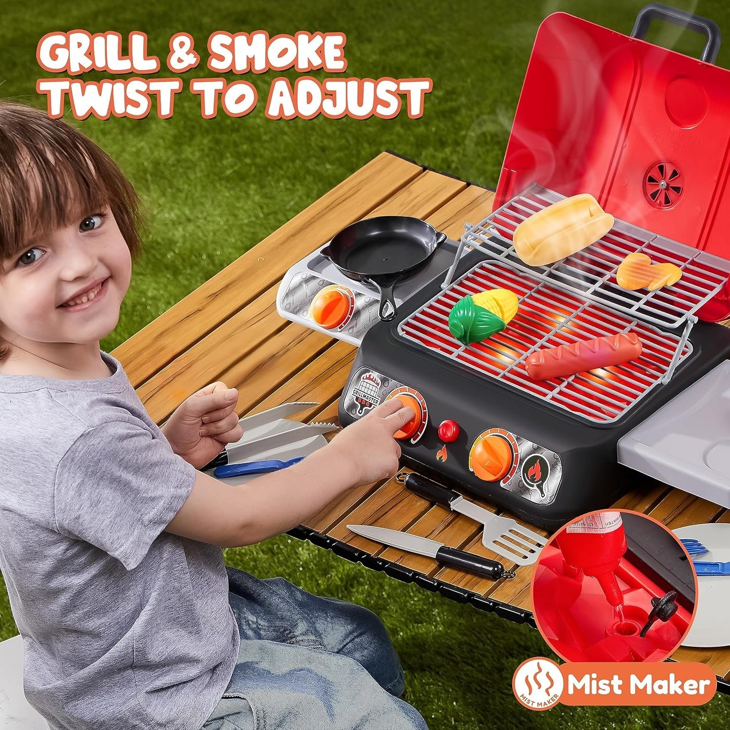 PLAY-ACT Extra Large 2-Layer BBQ Grill Playset with Pretend Smoke, Light, Sound & Color-Changing Food, Kitchen Toy Set,Pretend BBQ Grill Toy Set for Kids (25X13X12 Inch)