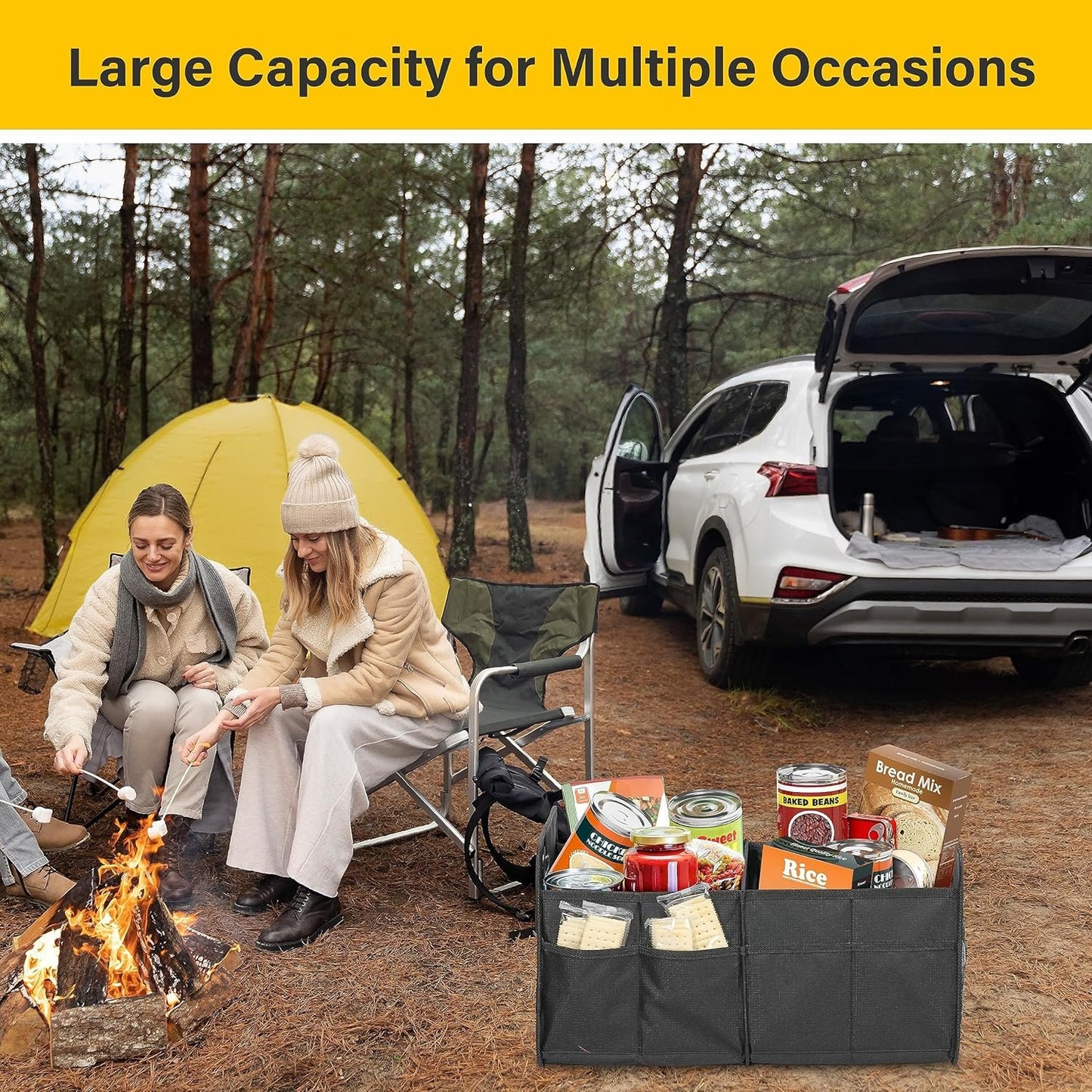 YSSOA Trunk Organizer for Car/SUV/Truck, Collapsible 2 Compartment Automotive Storage Box, 600D Waterproof Oxford Polyester 50L Travel Accessories, Anti-slip & Leak-proof, Black New