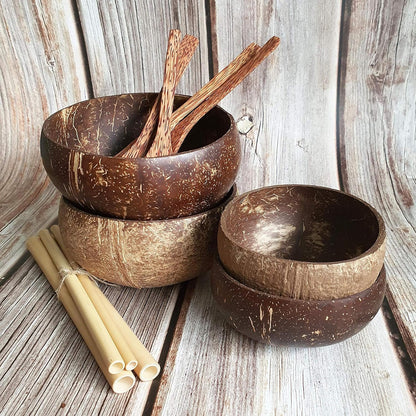 Rainforest Bowls Eco-Kitchen Set 2-Pack - Small & Jumbo Original Coconut Bowls + Coconut Wood Utensils + Bamboo Straws - Earth-Friendly, 100% Natural - Zero-Waste Gift for Green Kitchens
