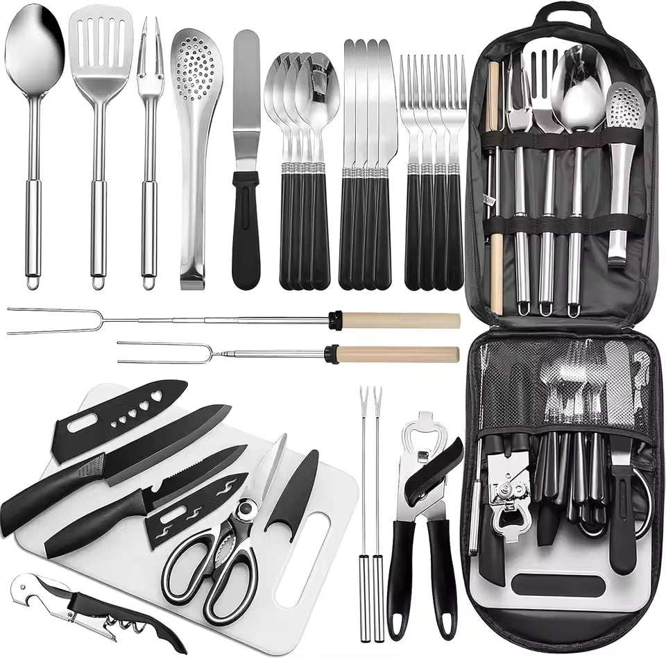 Camping Cooking Utensils Set 27Pcs, Cookware Storage Bag Camping Tool Accessories, Camper Essentials Gear Must Haves Supplies for Travel RV BBQ Grill Picnic Hiking, CT606