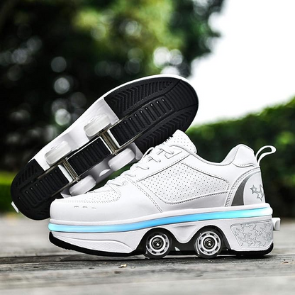 Roller Shoes Girls Boys Wheel Shoes Kids Quad Roller Skates Shoes LED Light Up Shoes 2 in 1 Parkour Shoes/Outdoor Rollers