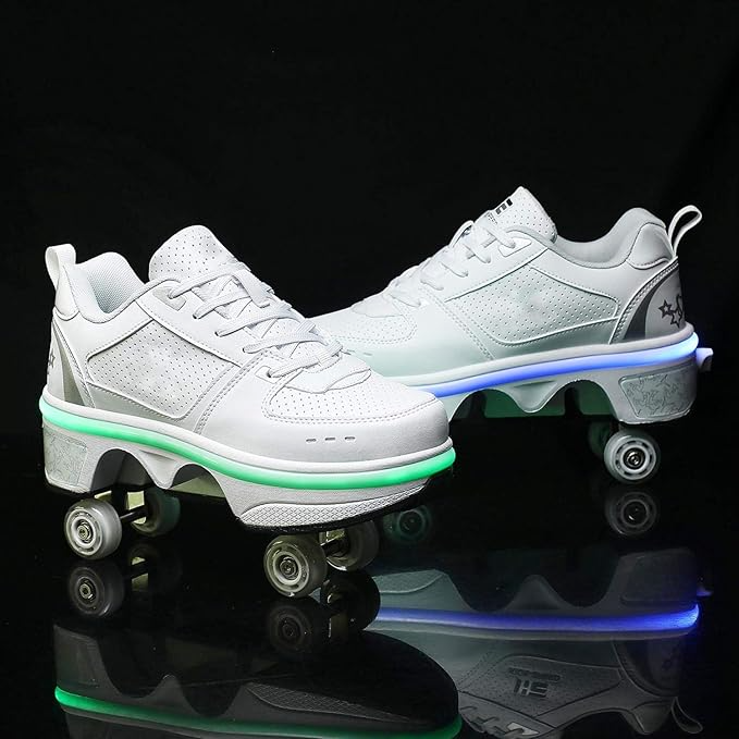 Roller Shoes Girls Boys Wheel Shoes Kids Quad Roller Skates Shoes LED Light Up Shoes 2 in 1 Parkour Shoes/Outdoor Rollers