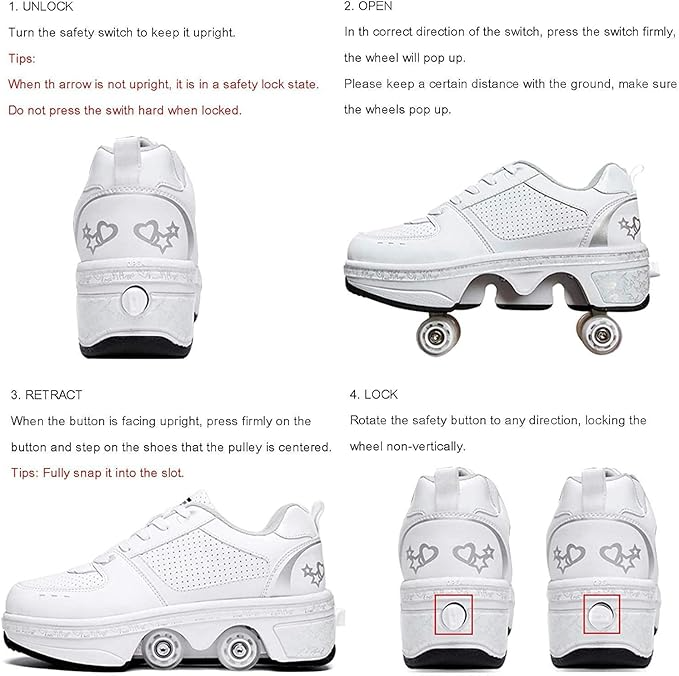 Roller Shoes Girls Boys Wheel Shoes Kids Quad Roller Skates Shoes LED Light Up Shoes 2 in 1 Parkour Shoes/Outdoor Rollers