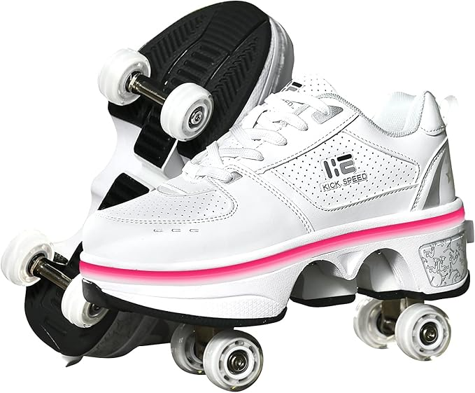 Roller Shoes Girls Boys Wheel Shoes Kids Quad Roller Skates Shoes LED Light Up Shoes 2 in 1 Parkour Shoes/Outdoor Rollers