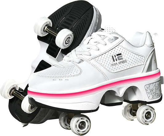 Roller Shoes Girls Boys Wheel Shoes Kids Quad Roller Skates Shoes LED Light Up Shoes 2 in 1 Parkour Shoes/Outdoor Rollers